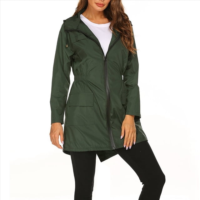 Chaqueta Impermeable para Mujer con Capucha y Cremallera Frontal de Longitud Media para Exteriores. Verde Oscuro XL