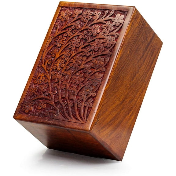 Artisans Crafted Premium Rosewood Decorative Hand Carved Wooden Urns | Carved with Precision | Memorial Wooden Urns for Loved Ones | Nagina International (Small)