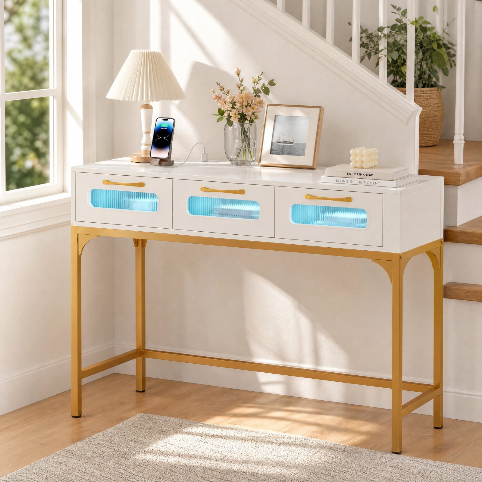 Furnibear Console Table with LED Lighting and Charging Station Entryway Table with Drawers for Living Room Hallway Sofa, White