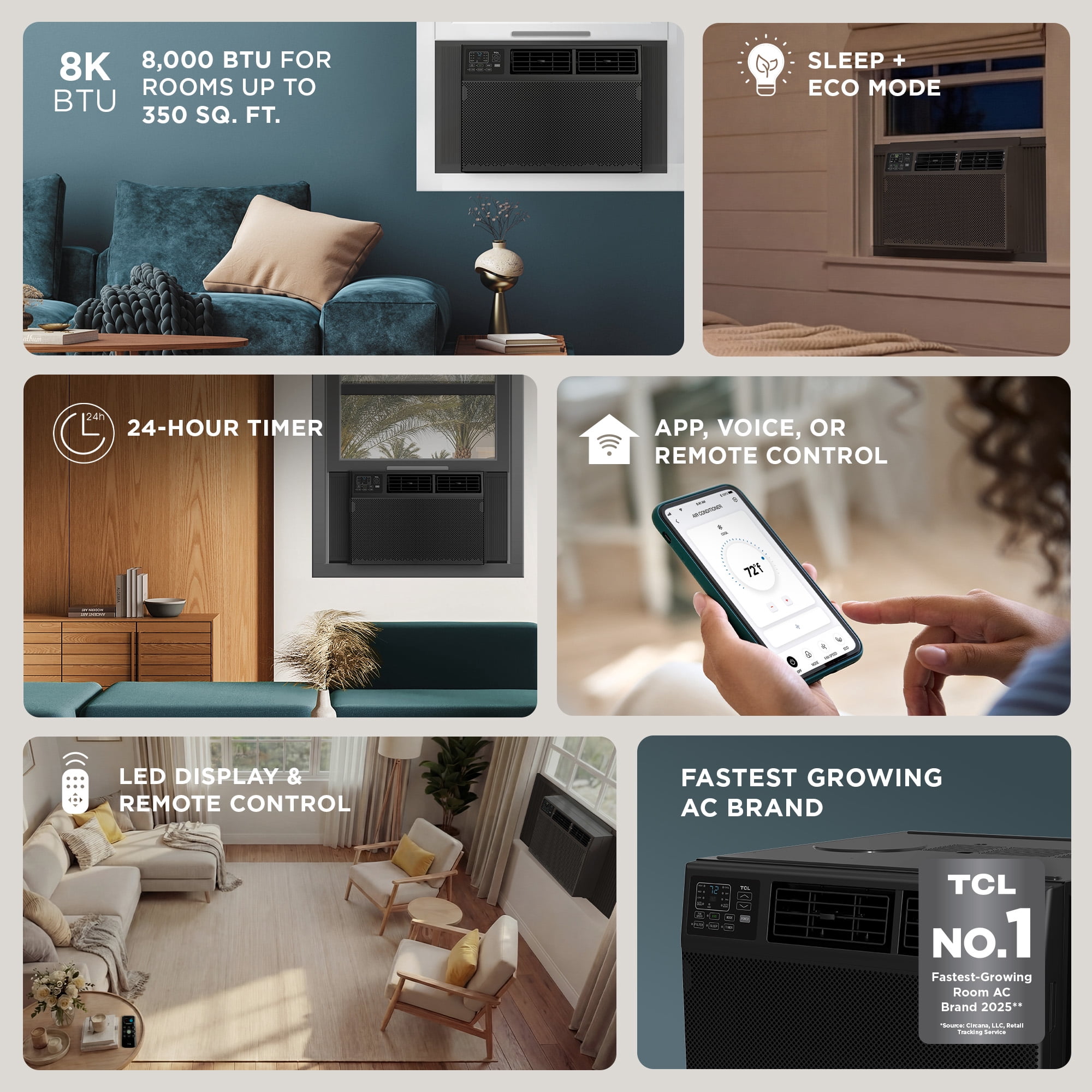TCL 8,000 BTU Smart Window Air Conditioner (Black) - 3-in-1 AC, Fan & Dehumidifier, App, Voice, & Remote Control, Sleep & Eco Mode, 24-Hour Timer, Washable Filter, Cools up to 250 Sq ft - W8W92-B4