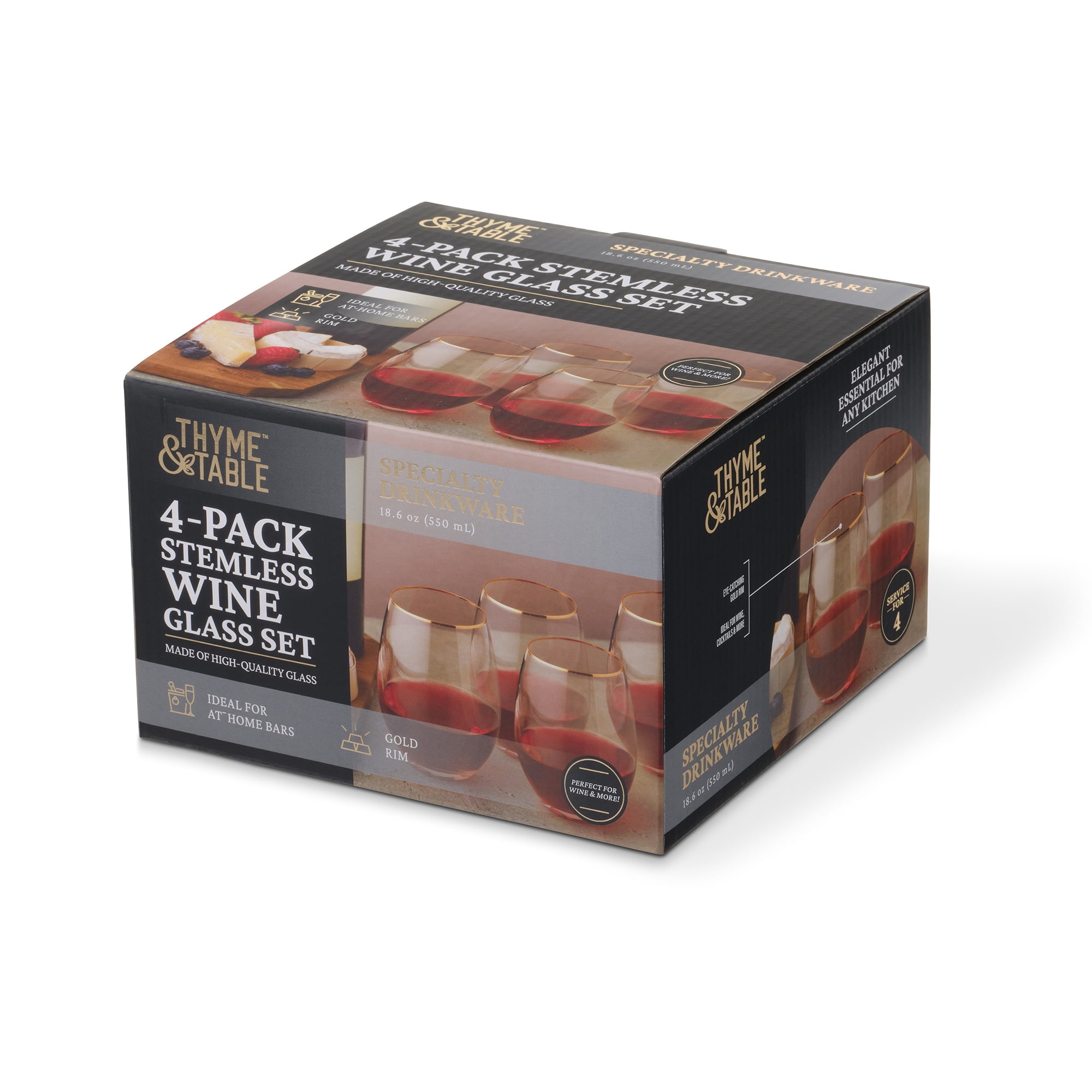 Thyme & Table 18 fl oz Stemless Wine Glasses with Gold Rim, Set of 4