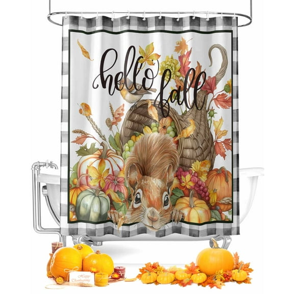 Fall Squirrel Shower Curtain Set ，Waterproof Fabric Shower Curtains Thanksgiving Fall Leaves Buffalo Plaid Shower Curtains for Bathroom,Bathroom Decor 66"x72"