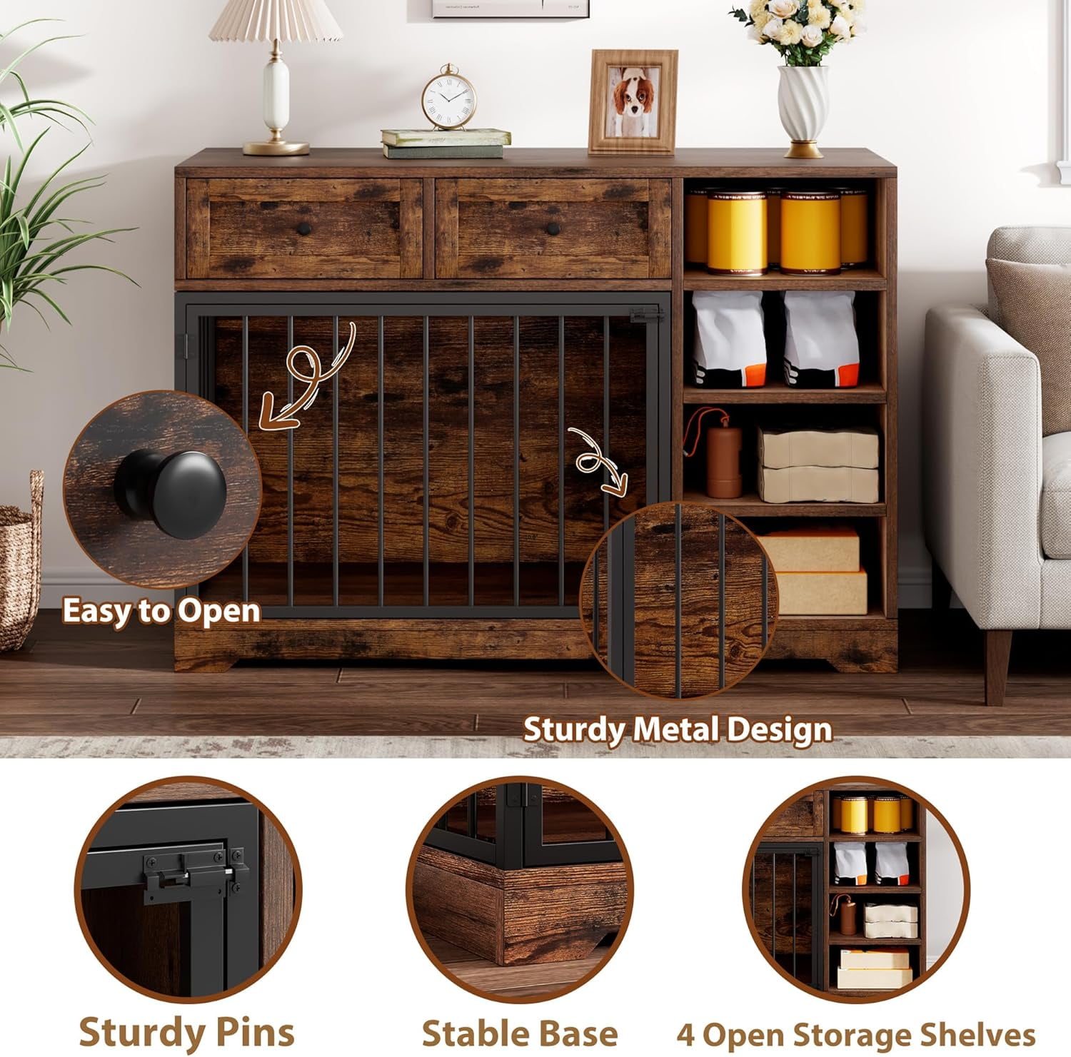 Senfot Furniture Style Dog Crate Cabinet, Multi Functional Pet Kennel with Storage, Decorative Dog House for Living Room Bedroom Brown