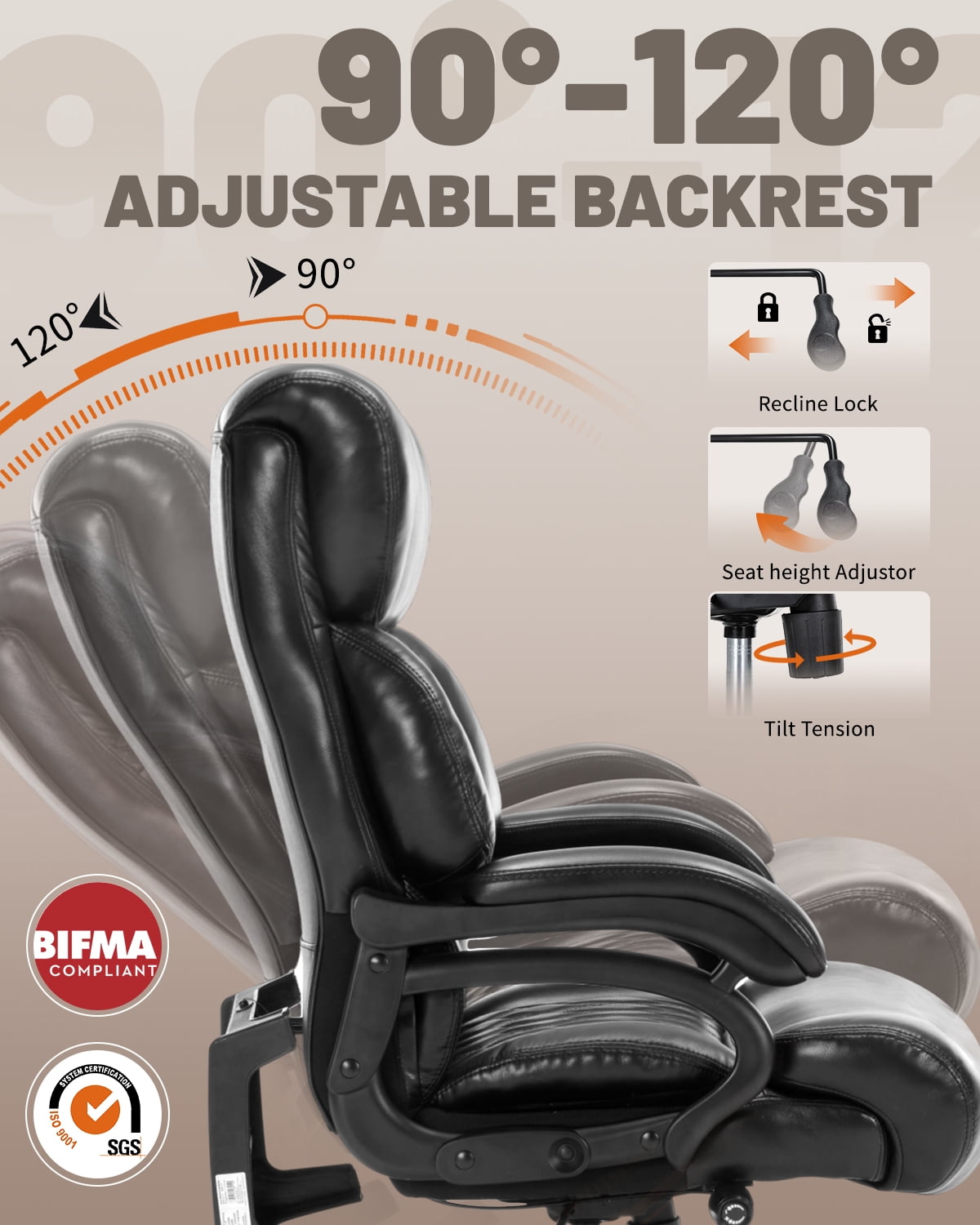 800LBS Large Heavy Duty Office Chair with Massage Footrest, Big and Tall Office Chair with Adjustable Lumbar Support, PU Leather Executive Chair with Extra Wide Seat