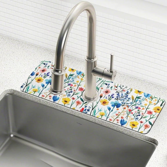Yayeee Faucet Mat for Kitchen Sink 14.7" Diatomite Long Splash Guard Pad, Blue Wildflower Pattern
