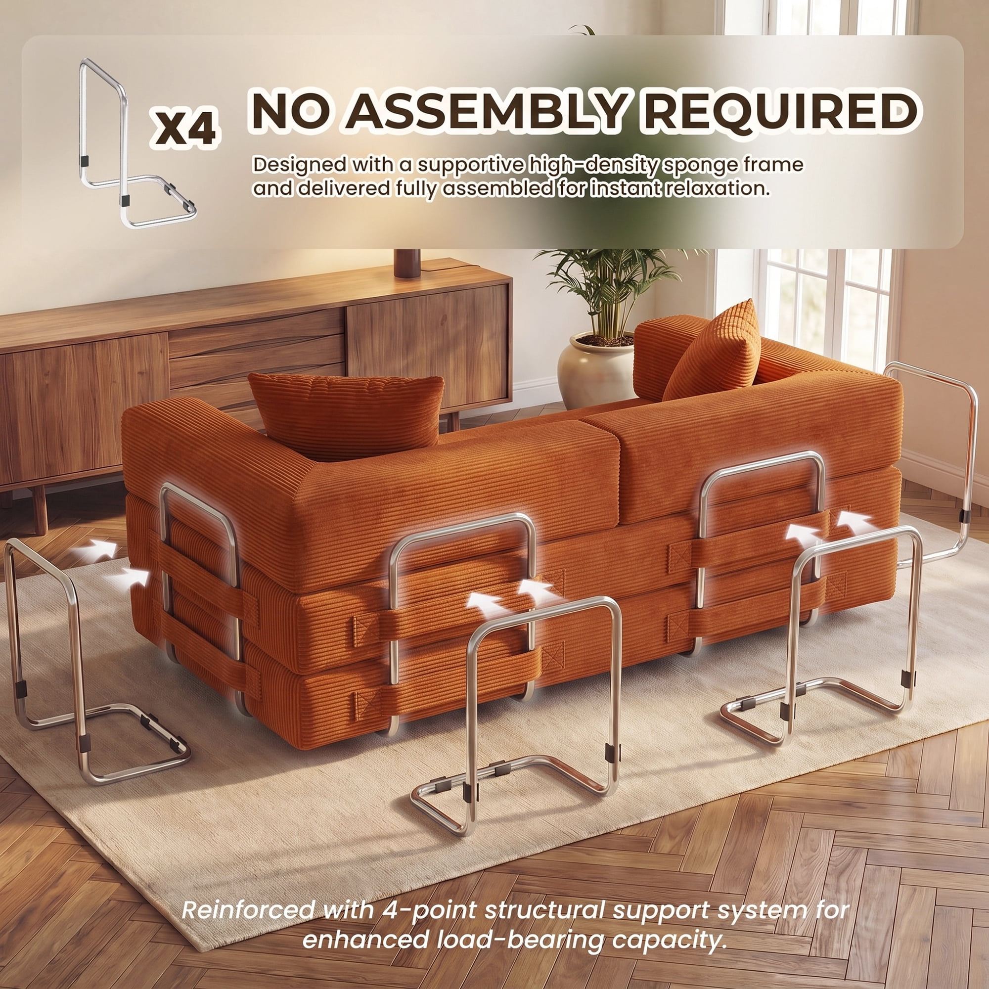 Aukfa 79" Convertible Futon Sofa Bed with Fixed Frame, 5-in-1 Boneless Couch for Living Room, Corduroy, Orange