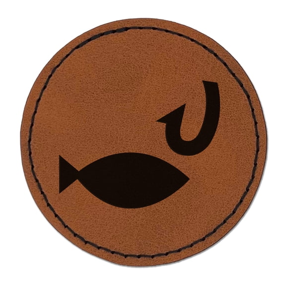 Fish and Hook Fishing 2.5" Faux Leather Round Engraved Iron-On Patch - Brown