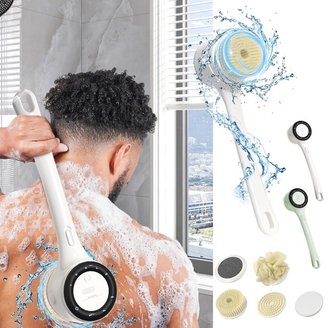 Sentmoon Automatic Body Brush Back Brush for Shower Auto Spinning Exfoliating Massage Bath Brush with 5 Brush Heads Deep Cleansing Waterproof Rechargeable Rotating