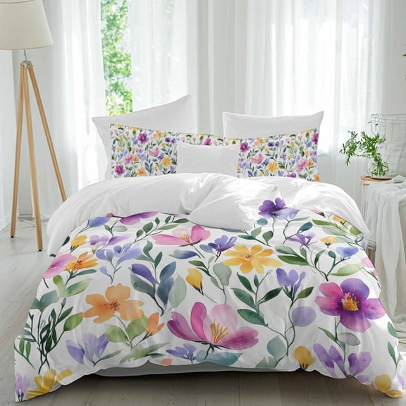3 Piece Watercolor Floral Duvet Cover Set Twin Size, Microfiber Comforter/Quilt Cover with Corner Ties and 2 Pillowcases, Purple Flower Leaf Spring Summer All Season Soft Bedding with Zipper Closure