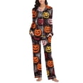 thumbnail image 4 of Fatuov 2-Piece Halloween Pajama Sets for Women, Long Sleeve Button-Down Shirt and Long Pant Loungewear Set with Pocket, Funny Ghost Pumpkin Print Sleepwear for Home, Party, 4 of 5