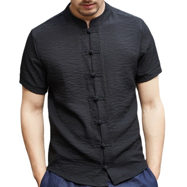 Camisetas Tops, Ropa De Estilo Chino Traje Tang - Camisa De Manga Corta Negra De Kung Fu para Hombres