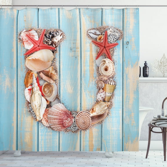 Ambesonne Letter U Shower Curtain, Underwater Coastal U, 69"Wx70"L, Dark Coral Pale Blue