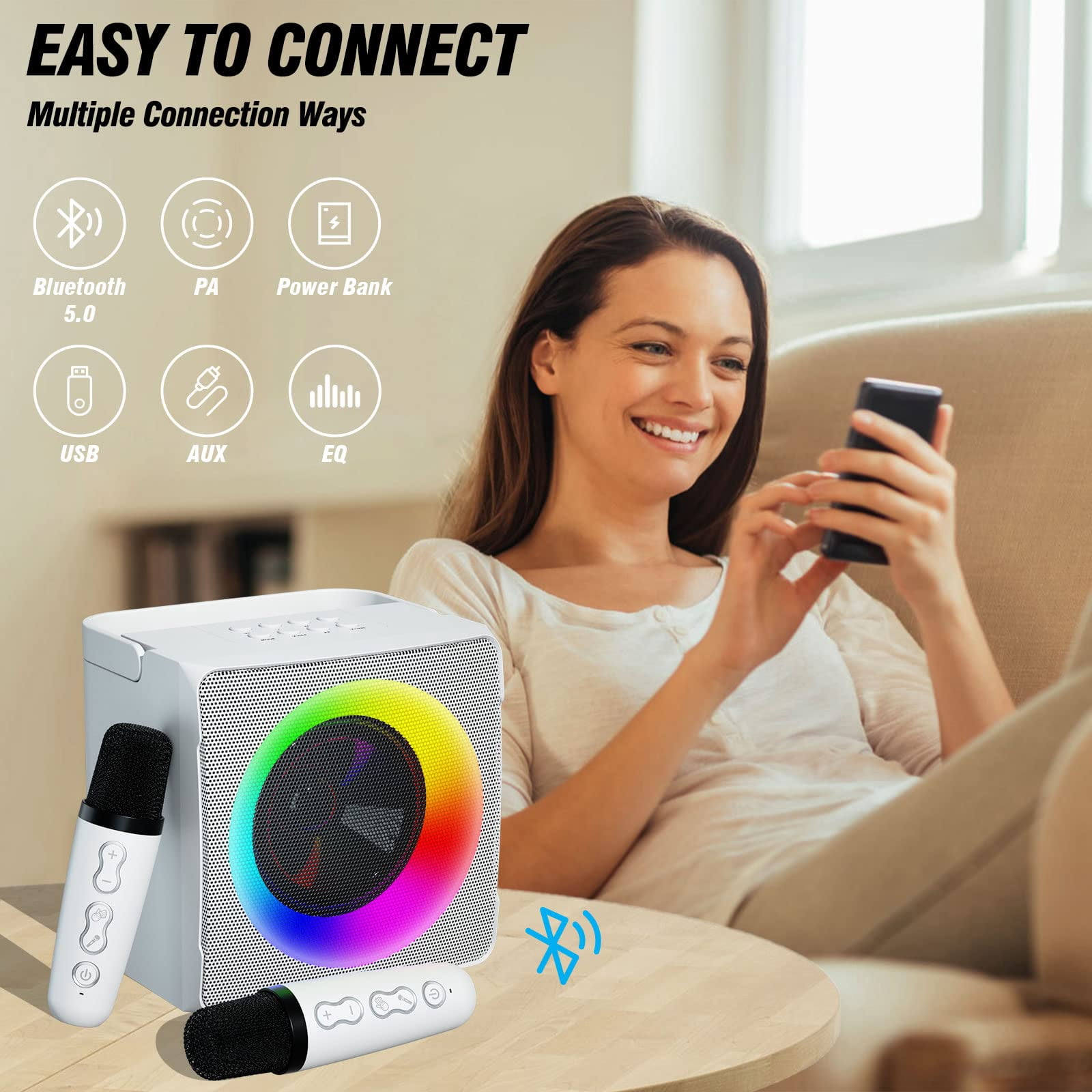 BONAOK Karaoke Machine, Portable Bluetooth Karaoke Speaker for Adults Kids, with 2 Wireless Mics, Ideal Gifts for Girls Boys Party(White)
