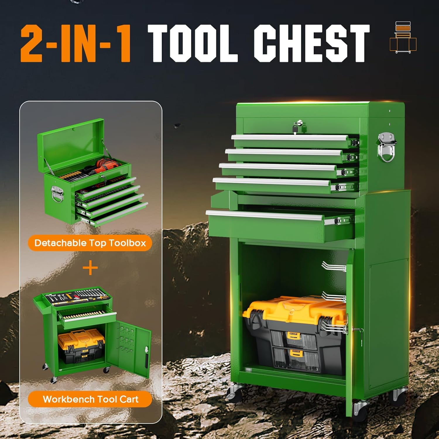 SOLAURA 5-Drawer Rolling Tool Chest with Detachable Top Box, Metal Tool Box with Wheels, Lockable Storage Cabinet for Warehouse, Garage, Workshop, Barbershop, Green