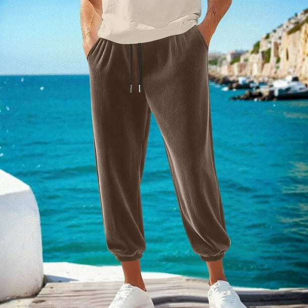 Pantalones largos para hombre, informales, de pana, con bolsillo y cordón, cintura elástica, color liso, para correr