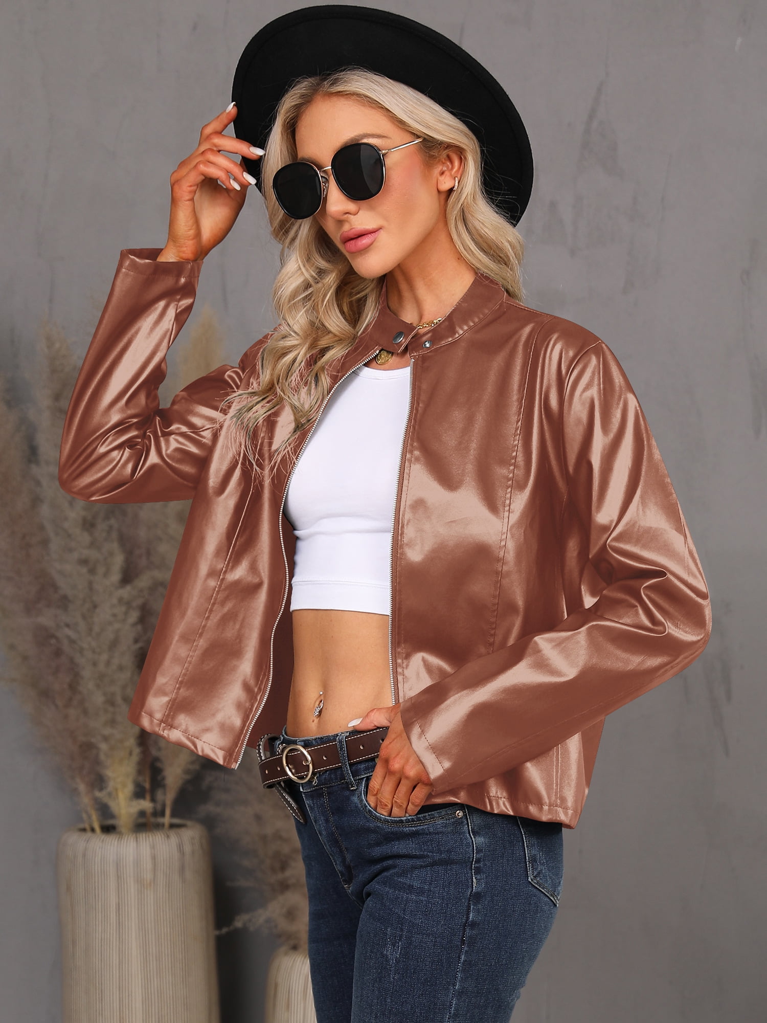 ZXSXSY Women Stand Collar Full Zip Long Sleeve Motorcycle Jacket