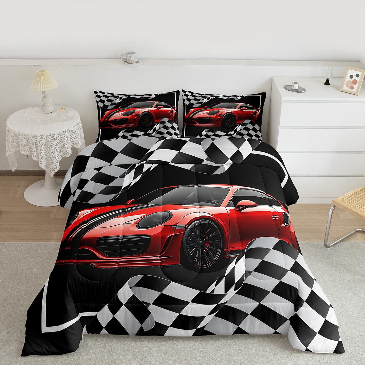 Red Race Car Comforter Set Twin Size,Black White Lattice Bedding Set Teens Room Decor,Extreme Sport Games Quilt Set,Cool Modern Duvet Insert