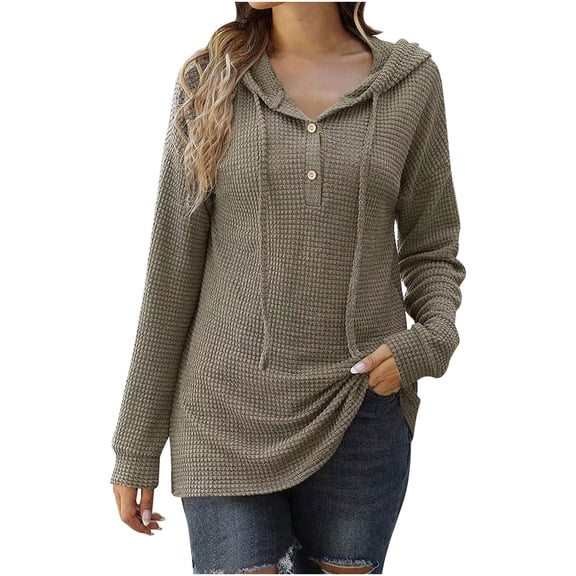 XFLWAM Women's Solid Color Hoodie Pullover Top Buttons Long Sleeve Thin Sweatshirts Army Green M