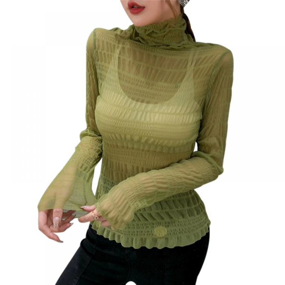 Women's Long Sleeve Sexy T-Shirt Turtleneck Slim Perspective Sheer Mesh Tops T Shirt Blouse Clubwear,Green