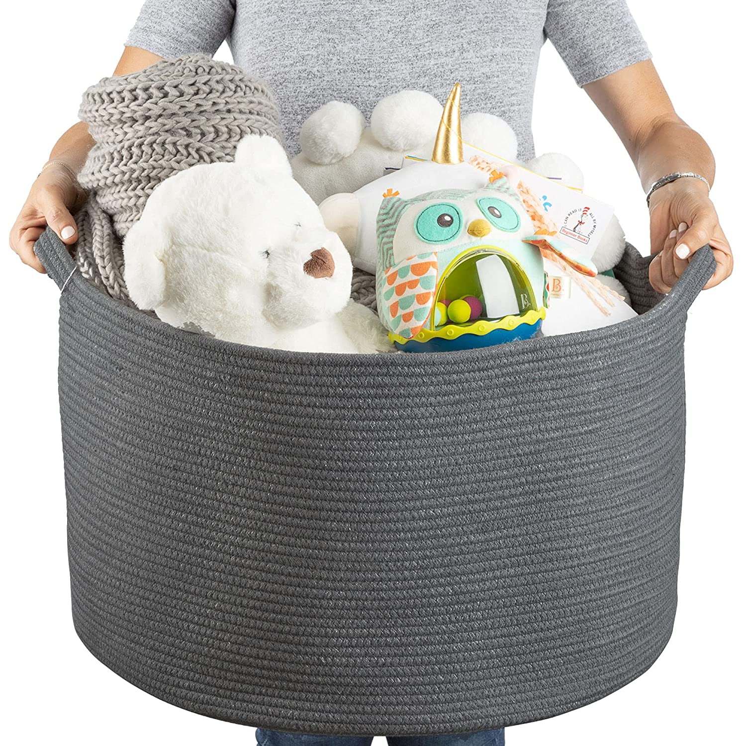 Baby Hamper 22”x14” Baby Blue XXL Cotton Rope Basket Extra Large Woven Storage Basket Round Basket Toy Storage Basket Nursery Decor Laundry Basket 100% Natural Cotton 