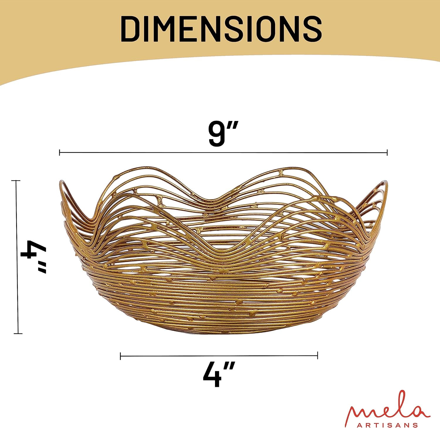 Mela Artisans Gold Wire Fruit Basket Kitchen Counter - Medium, Gurez Valley Design , Decorative Round Wire Basket , Modern Metal Vegetable & Fruit Bowl , Cute Farmhouse Table Decor , 9 x 4 x 4