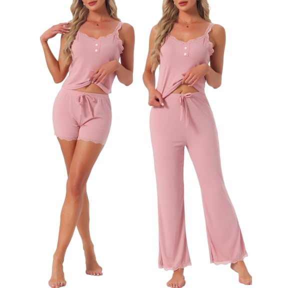 DARING DIVA Women's Pajama Sets Ribbed Knit Lace Tank Shorts Pants Sleepwear XS Pink
