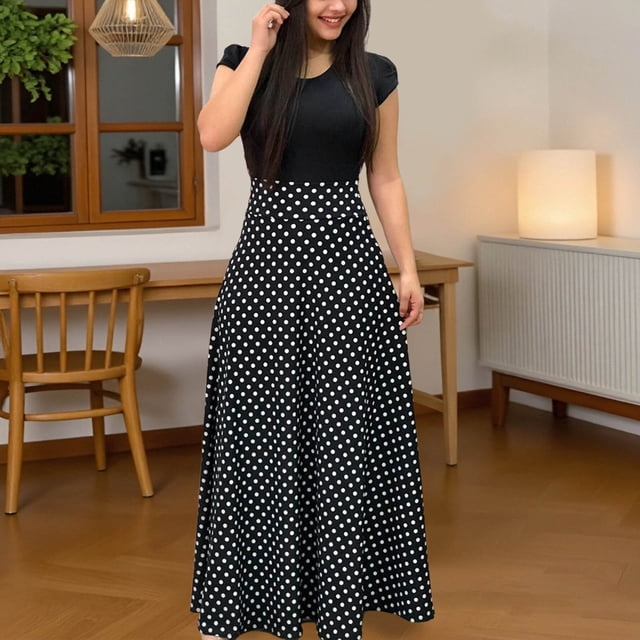 WILLBEST Vestidos de Lino para Mujer, Vestidos de Verano para Mujer, Vestido Floral de Vacaciones, Vestido Bohemio Maxi de Manga Corta, Vestidos Casuales de Cuello Redondo para Playa Chica
