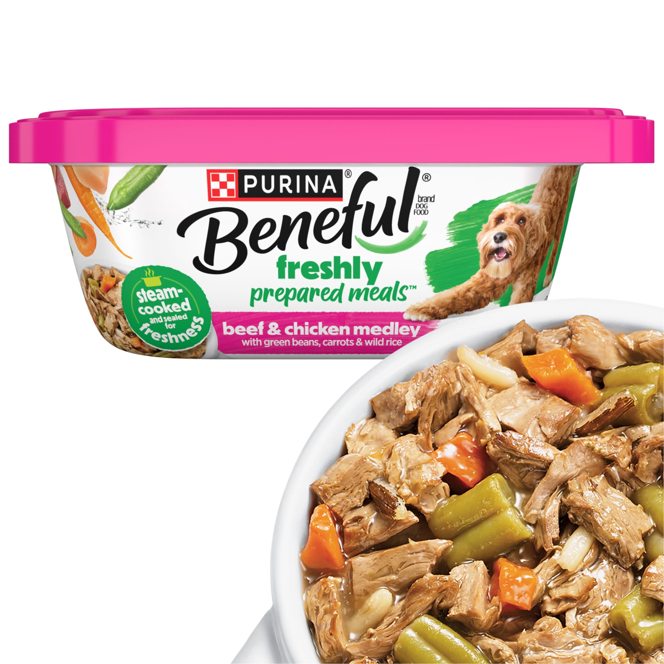 Purina Beneful Dog Food Freshly Prepared Meals Beef and Chicken Medley with Green Beans Carrots and Wild Rice, 10 oz, 8 Pack