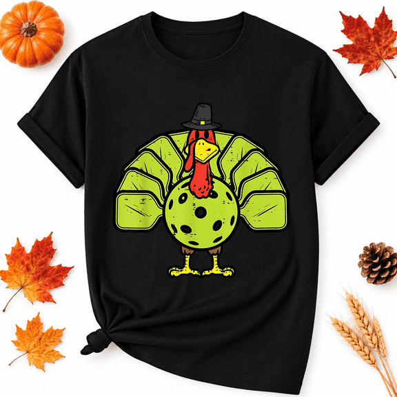 KeHetSoft Thanksgiving Pickleball Turkey Cotton Graphic Unisex T-Shirt