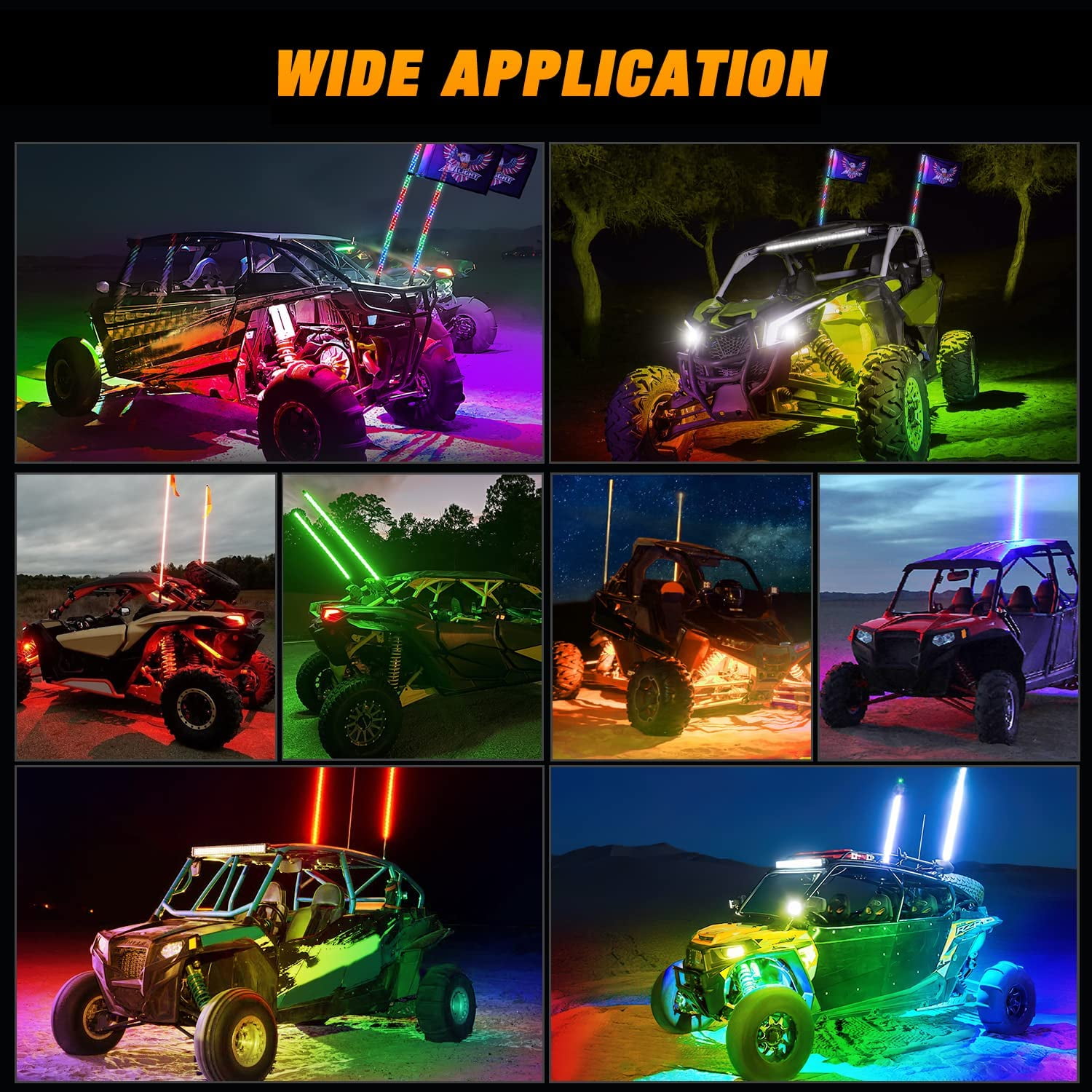Nilight 2PCS 4FT RGB LED Whip Light and 4 PCS Rock Lights Combo, Remote & App Control w/DIY Chasing Patterns Stop Turn Reverse Safety Antenna Lighted Whips for ATV UTV