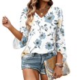 thumbnail image 6 of Iaqnaocc Women's Tops, Tees & Blouses Summer 3/4 Length Sleeve Womens Tops Casual Crewneck T-Shirts Vintage Floral Print Tees Blouses Business Work Clothes Light Blue M, 6 of 7