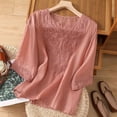 thumbnail image 2 of XIAONU Womens Embroidered Linen Blouse Loose Three Quarter Sleeve Split V-Neck Floral Embroidered Linen Shirt Lightweight Boho Casual Daily Wear Top, 2 of 9