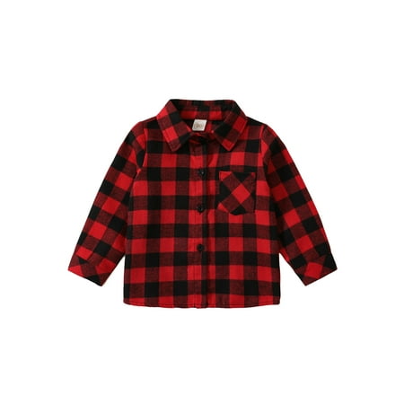 

wybzd Autumn Kids Boys Girls Button Plaid Shirt Casual Letter Print Long Sleeve Tops Streetwear Fall Casual Clothes Red 1-2 Years