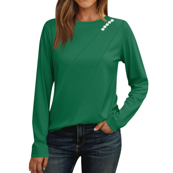 EchfiProm Green Tops for Women Relaxed Fit Fall Pullover Plain Long Sleeve Womens T-Shirt Crew Neck