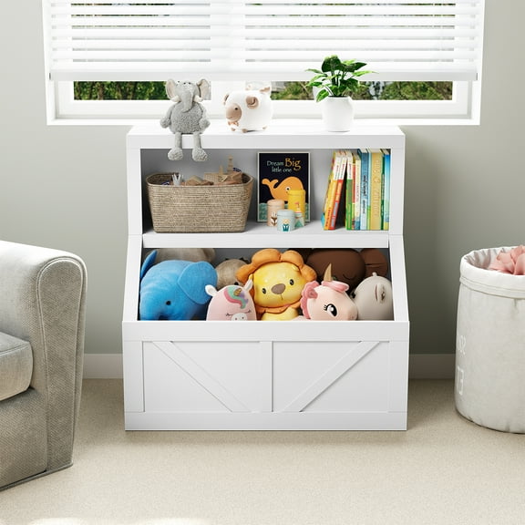 Kids Bookshelf and Toy Storage, 2 Tier Toy Organizer with Storage Cabinet, Toddler 2 Shelf Bookcase for Playroom, Bedroom, Living Room, Classroom