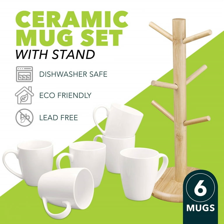 Coffee Mug Set of 6 Ceramic Coffee Cups 16 oz.Elegant White with Stand - Mug  Holder Tree - Wood Organizer Rack with 6 Hook Hangers - Walmart.com