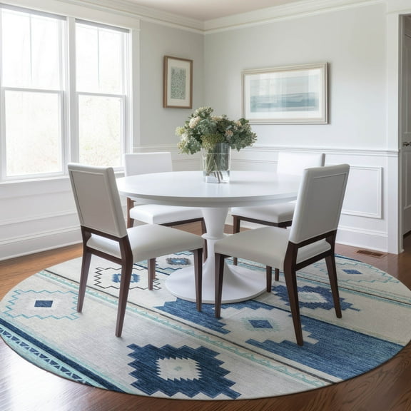Addison Rugs Mayfield Washable Southwest Aztec Blue Round Rug, 8' x 8'