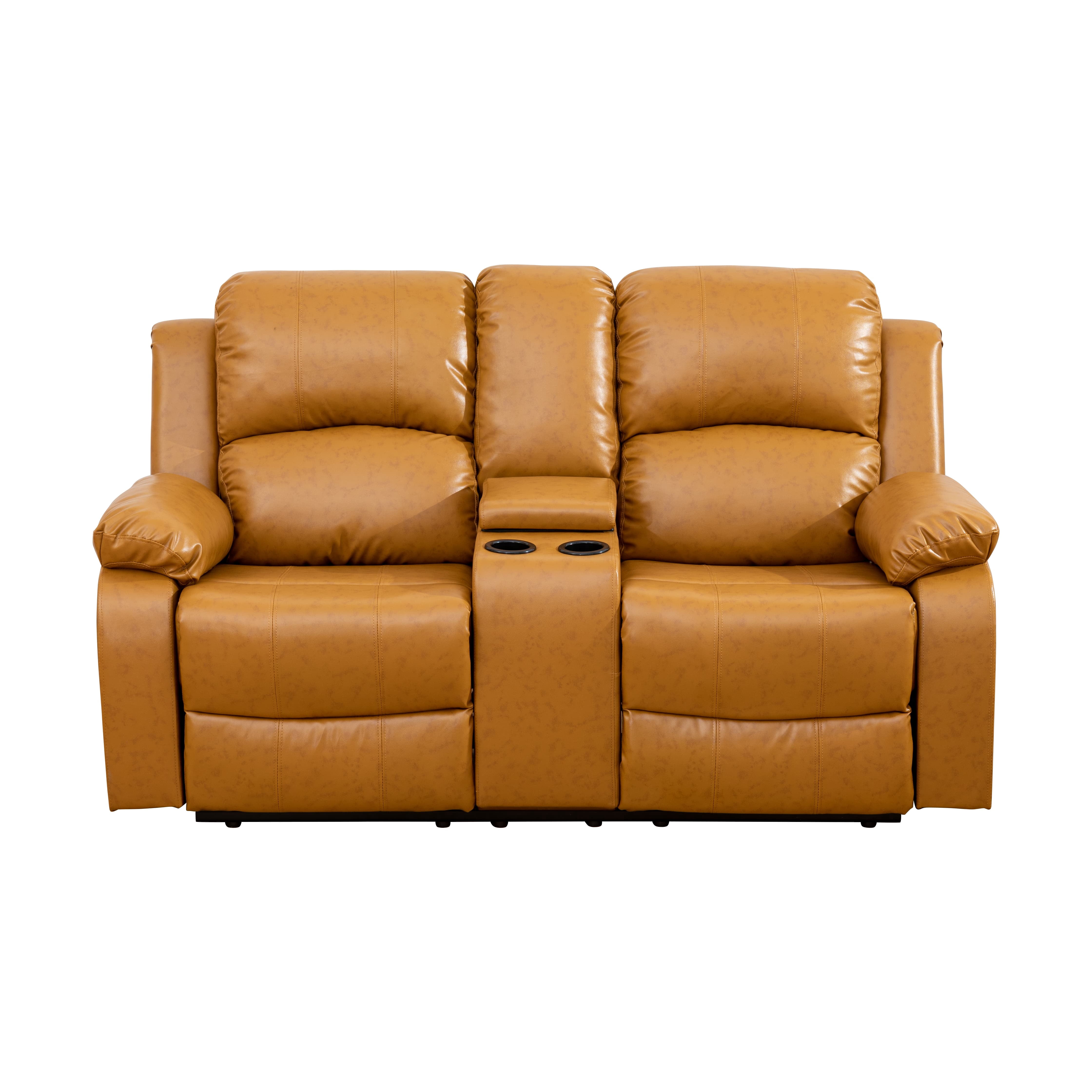 MAYEERTY Reclining Loveseat, 2-Seat Wear-Resistant Fabric Recliner with Storage & Cup Holders for Living Room, Ginger