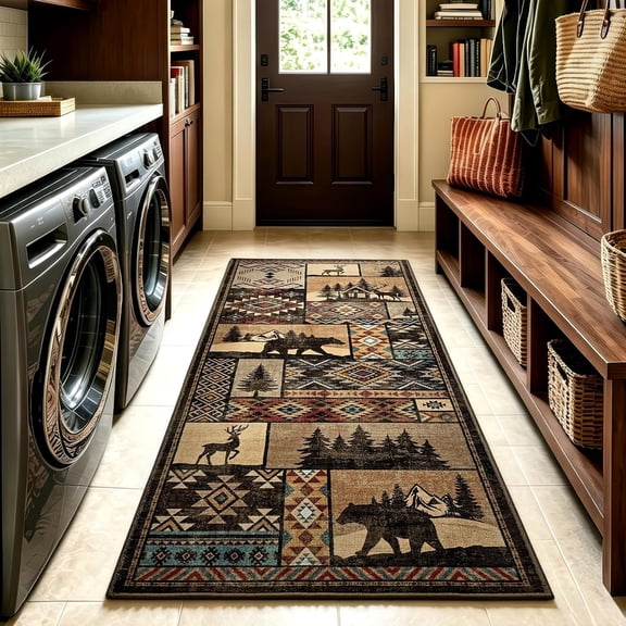 Runner Rug 2x5 Washable Rugs for Hallway Entryway,Rustic Cabin Runner Rug Non Slip,Southwestern Rugs for Bedroom Kitchen Laundry,Brown