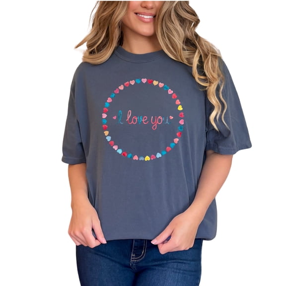 Romantic Love T-Shirt, I Love You Heart Design, Cute Valentine's Day Shirt, Colorful Heart Circle, Sentimental Gift Tshirt, Denim Comfort Colors T-Shirt, Small