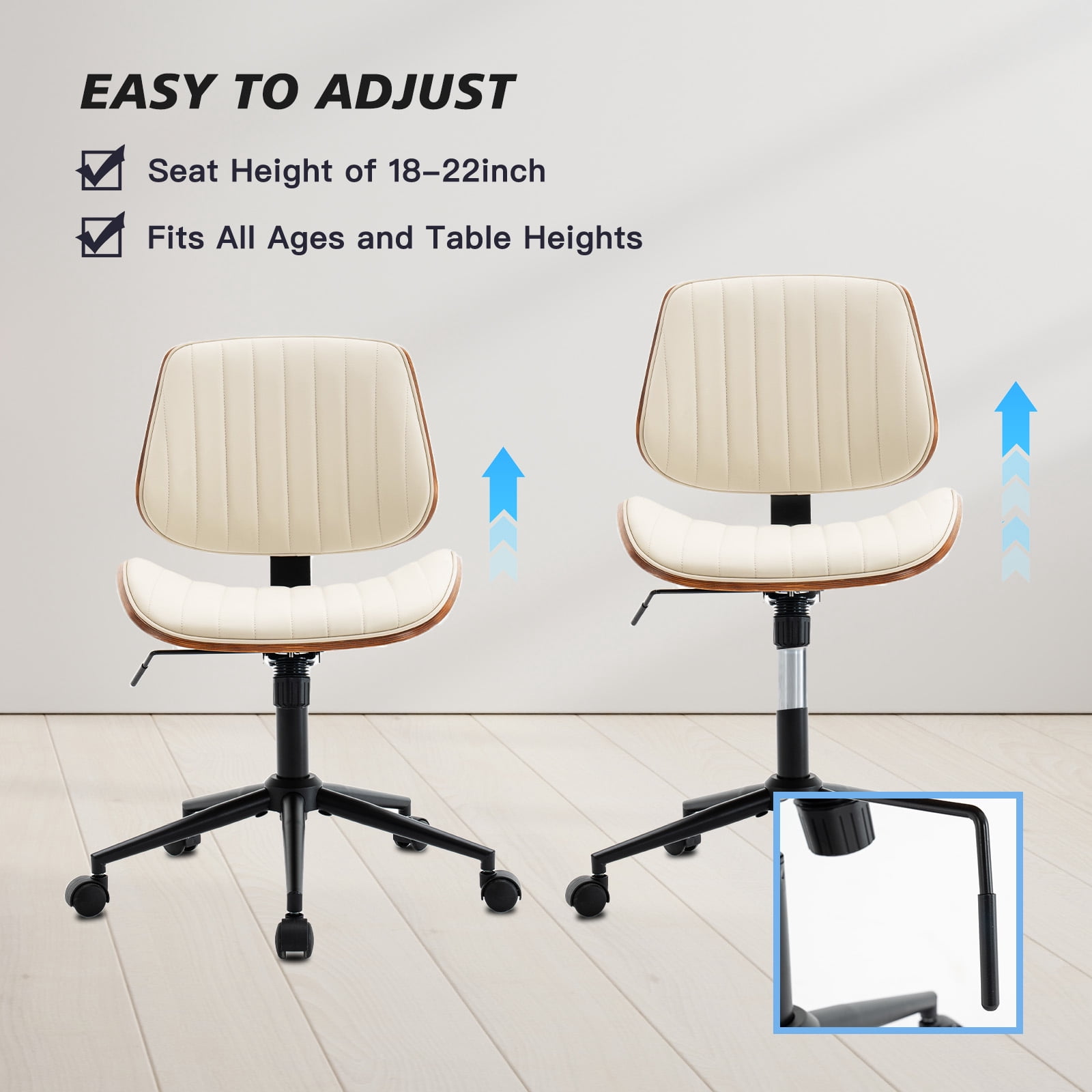 Rongbuk Home Office Chair, PU Leather Comfy Office Desk Chair with Wheels, Adjustable 360° Swivel Ergonomic Computer Chair, Armless Modern Vanity Chair Walnut Chair for Home Office, Beige