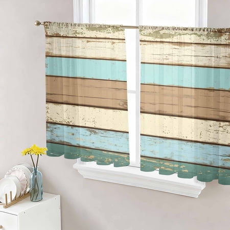 Farmhouse Teal Brown Semi Sheer Curtains 45 Inch Length 2 Panels Set Ombre Wooden Vintage Sheer Kitchen Curtain Privacy Voile Window Curtain for Living Room Bedroom Rod Pocket Drapes