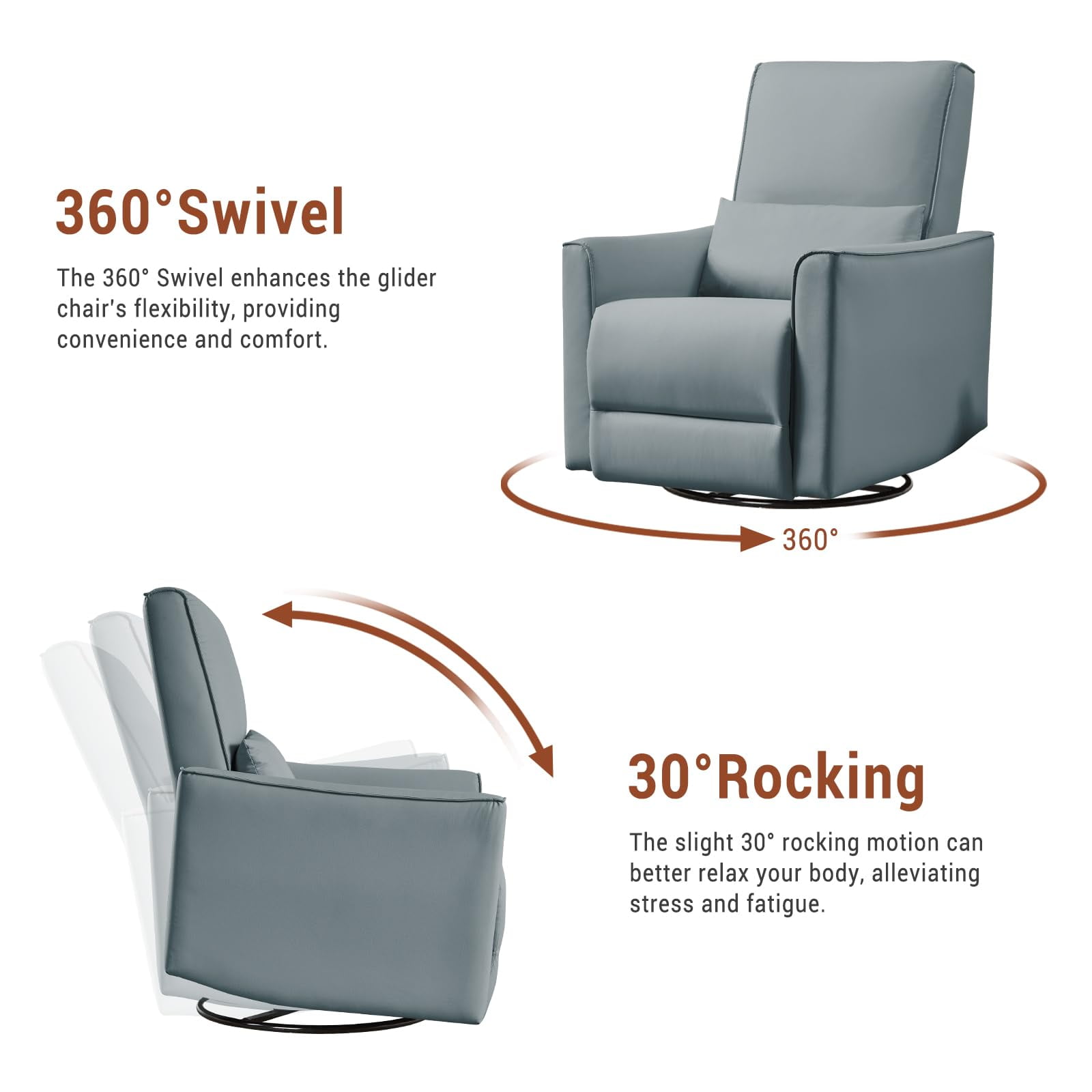 TROPOW 360° Swivel, Rocking Chair Nursery, Glider Rocker Recliner, PU Leather Sofa Chair with high Back, Deep Seat for Nursery, Living Room, Bedroom,Gray