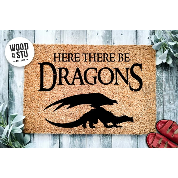 Here There Be Dragons Door Mat | Roleplaying Tabletop Gaming | Nat 20 on Housewarming Gift | Custom Doormat Closing Gift | Welcome Doormat