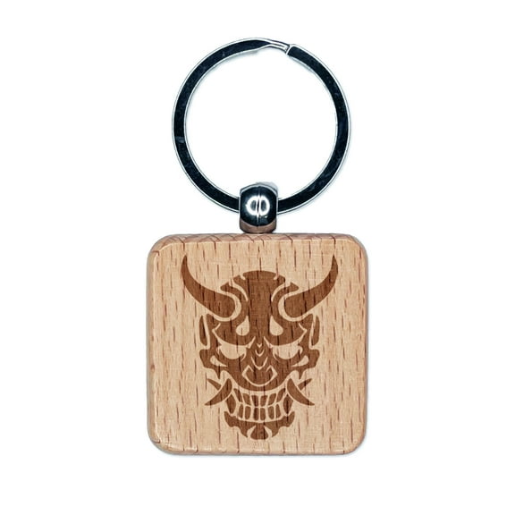 Oni Japanese Ogre Demon Square Keychain Charm Tag - Engraved Wood