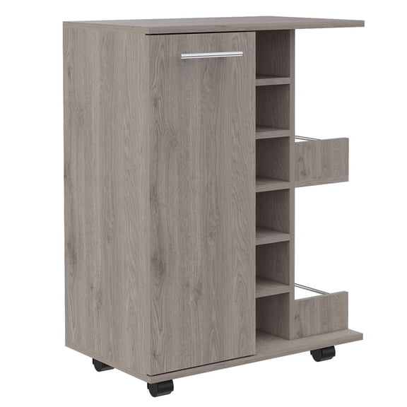 Depot E-Shop Magda Bar Cart With 2 External Shelves, 4 Casters, 6 Wine Cubbies, And Single Door Cabinet, Light Gray
