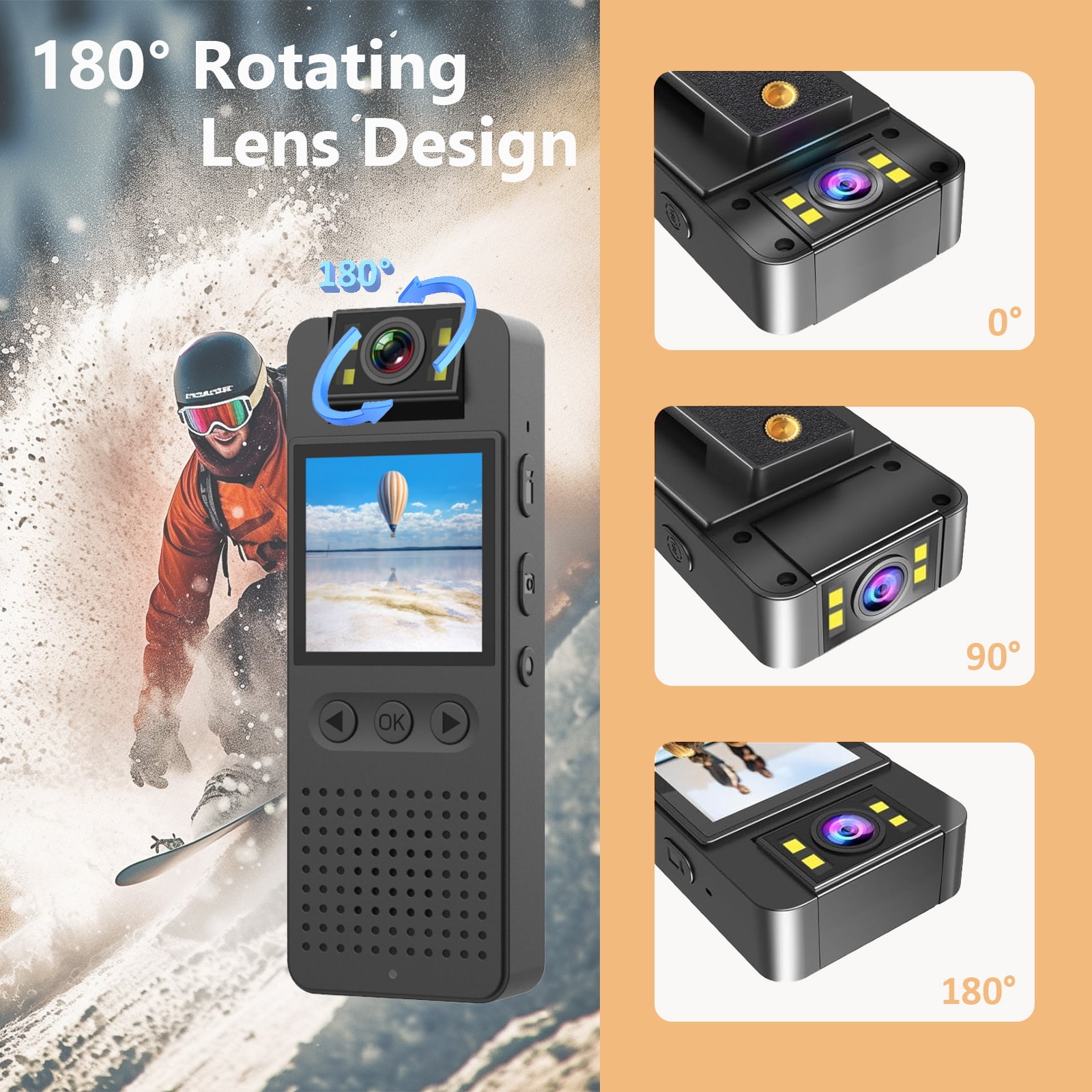 RONY 128GB Small Body Camera with Audio and Video Recording - 1080P Mini Camcorder Security Camera with Clip 180 Degree Rotating Lens Real Time Monitoring Night Vision