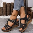 thumbnail image 3 of Wedges Heels for Women Peep Toe Cutout T-strap Sandals Summer Casual Vacation Beach Shoes Comfortable Orthopedic Walking Shoes Adjustable Buckle Strap Black Size 8, 3 of 7