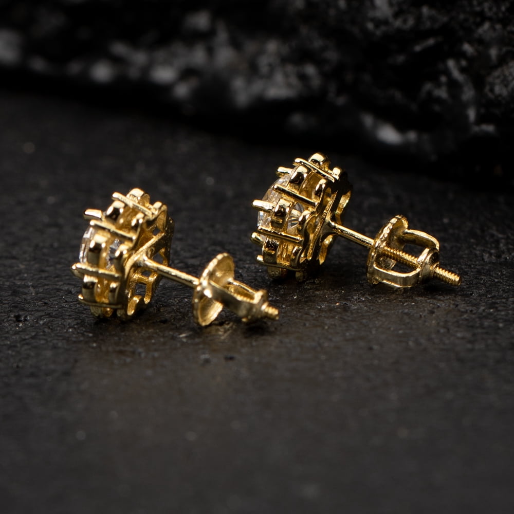 Flower Cluster Halo Round Brilliant 925 Sterling Silver 14K Yellow Gold Plated Unisex Iced Cz Hip Hop Hypoallergenic Men's Women's Circle Screw Back Cubic Zirconia Stud Earrings