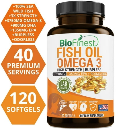 Biofinest Omega 3 Fish Oil Supplement - Burpless & Odorless - with 3750mg EPA 1350mg, DHA 900mg Natural Fatty Acids From Deep Sea - Joint Support, Immune, Heart Health, Brain, Eyes, Skin -120